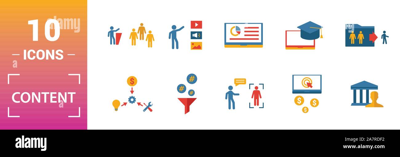 Content icon set. Include creative elements cost per click, crowdsourcing, curation, exit rate, gamification icons. Can be used for report Stock Vector