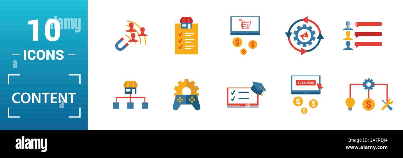 Content icon set. Include creative elements cost per click, crowdsourcing, curation, exit rate, gamification icons. Can be used for report Stock Vector