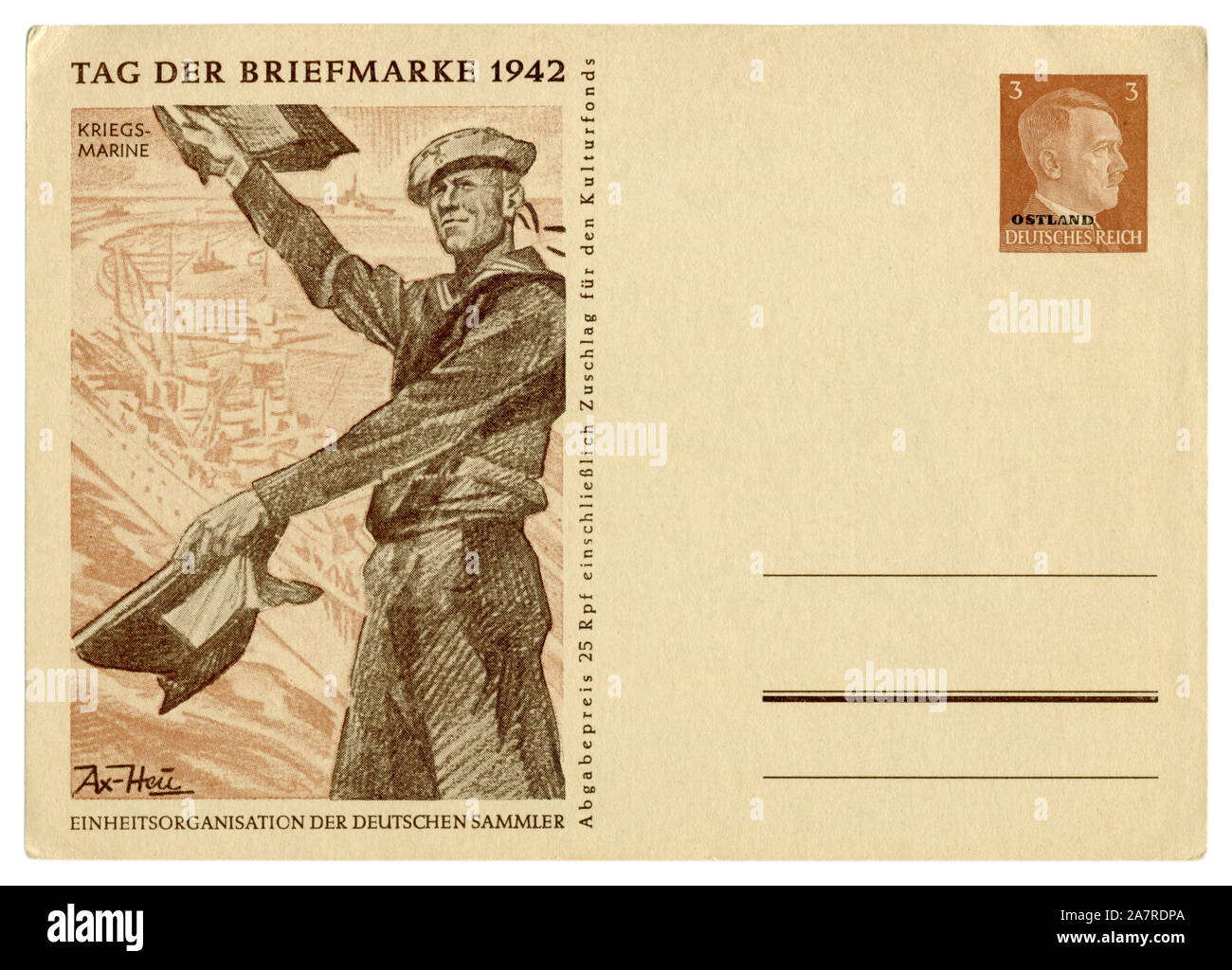 German historical postal card: Postage stamp day 1942, Kriegsmarine sailor with signal flags, Adolf Hitler, ostland overprint, Germany, Third Reich Stock Photo