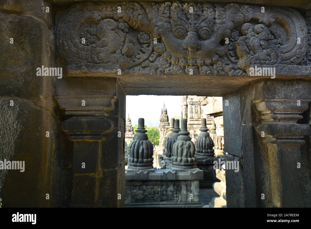 View through stone door at Borobudur Buddhist temple. Yogyakarta, Indonesia Stock Photo