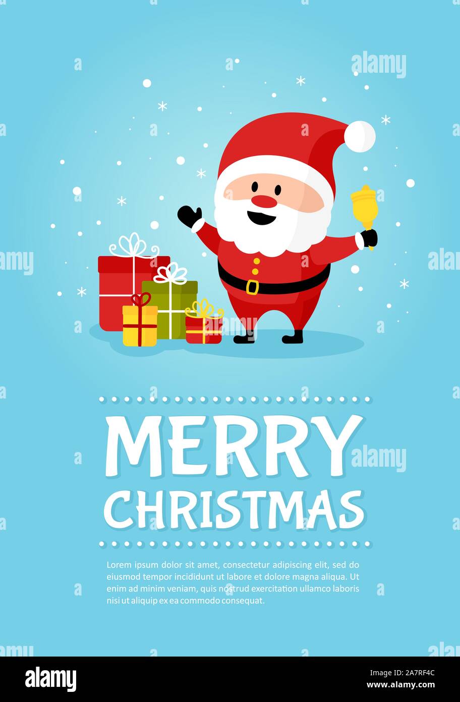 Santa Claus with bell and gift boxes poster. Merry Christmas and Happy New Year. Holiday greeting card. Isolated vector illustration. Stock Vector
