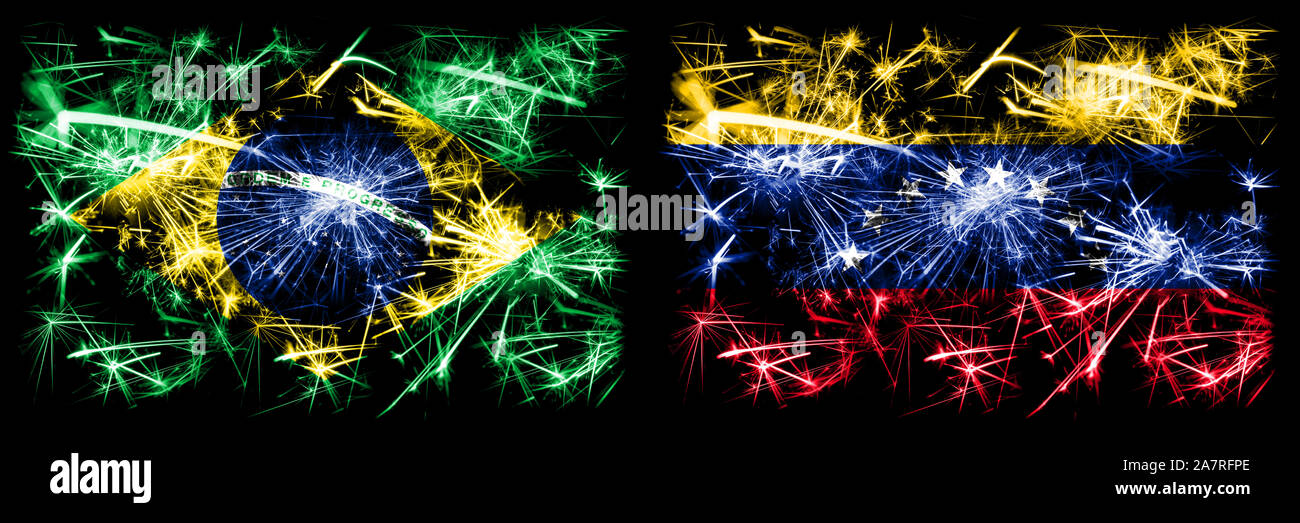 Brazil, Brazilian vs Venezuela, Venezuelan New Year celebration sparkling fireworks flags concept background. Combination of two states flags. Stock Photo