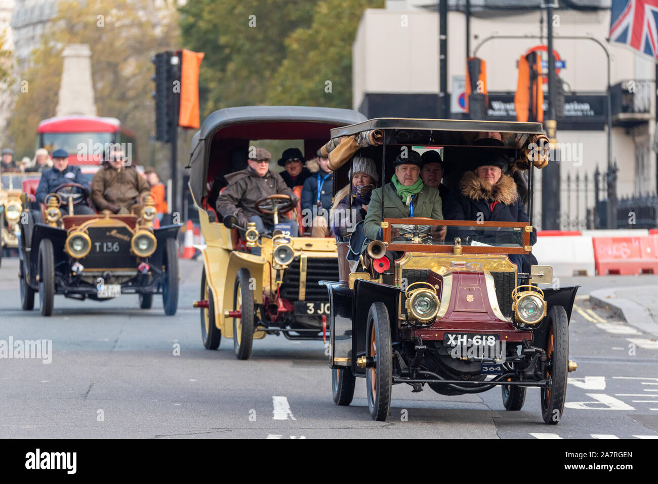 1904 Renault vintage car being driven through Westminster at the start of the London to Brighton veteran car run in November 2019. Cars Stock Photo