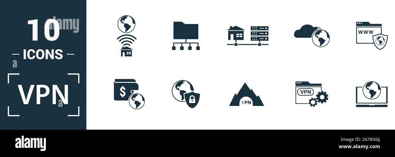 Vpn icon set. Include creative elements , archiving, site security, home server, cloud storage hacking icons. Can be used for report, presentation Stock Vector