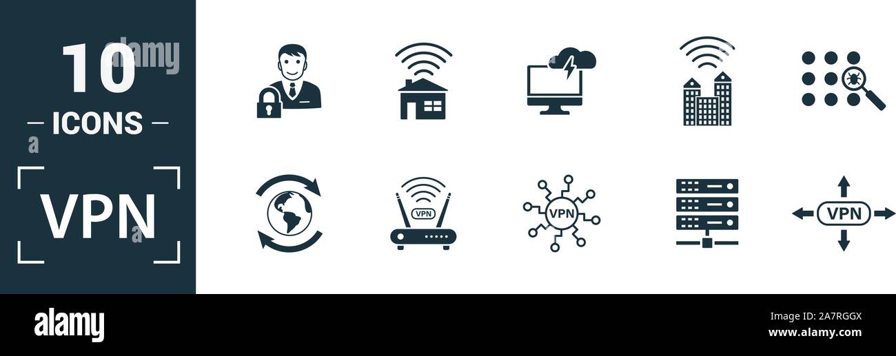 Vpn icon set. Include creative elements , archiving, site security, home server, cloud storage hacking icons. Can be used for report, presentation Stock Vector