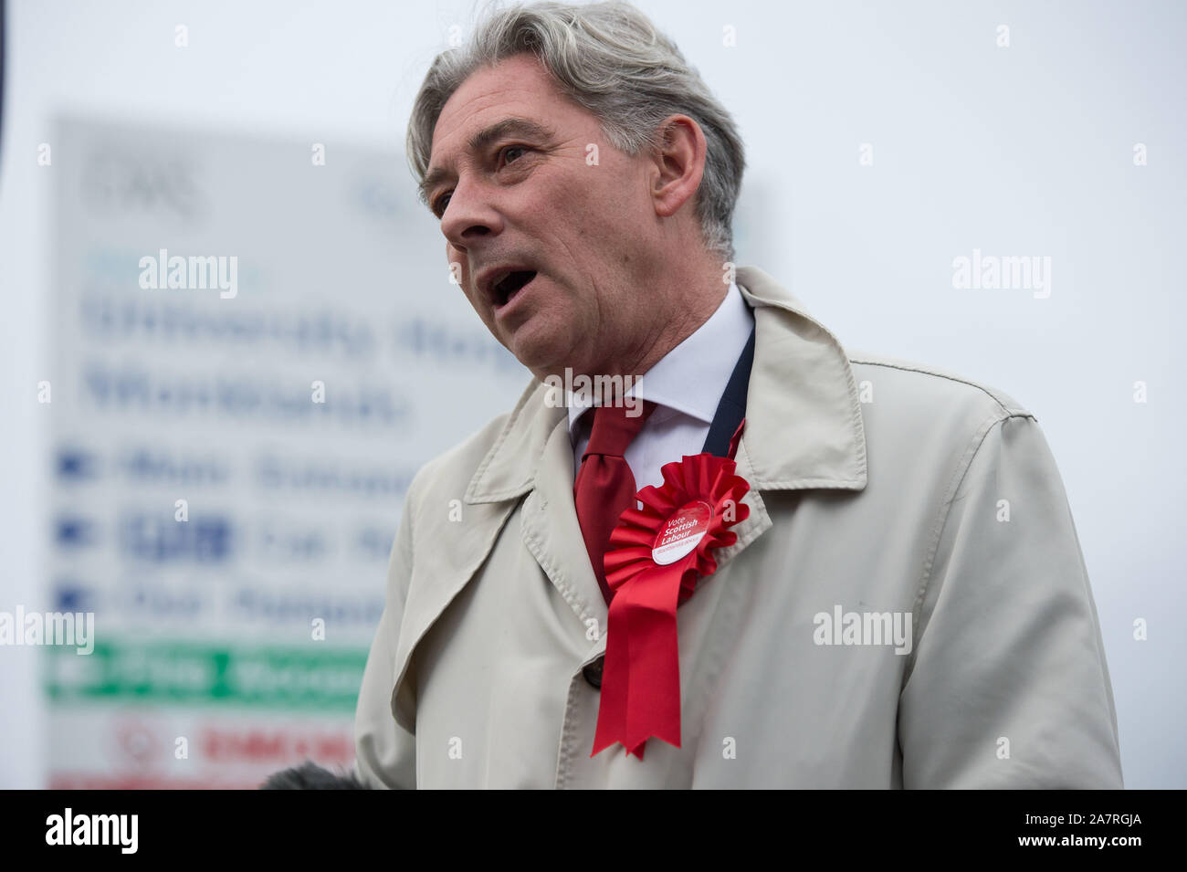 Glasgow, UK. 4 November 2019. Pictured: Richard Leonard MSP - Leader of the Scottish Labour Party.  Scottish Labour leader Richard Leonard joins Helen McFarlane, candidate for the Airdrie and Shotts constituency, at Monklands Hospital to highlight the SNP’s broken promises on the NHS. Credit: Colin Fisher/Alamy Live News Stock Photo