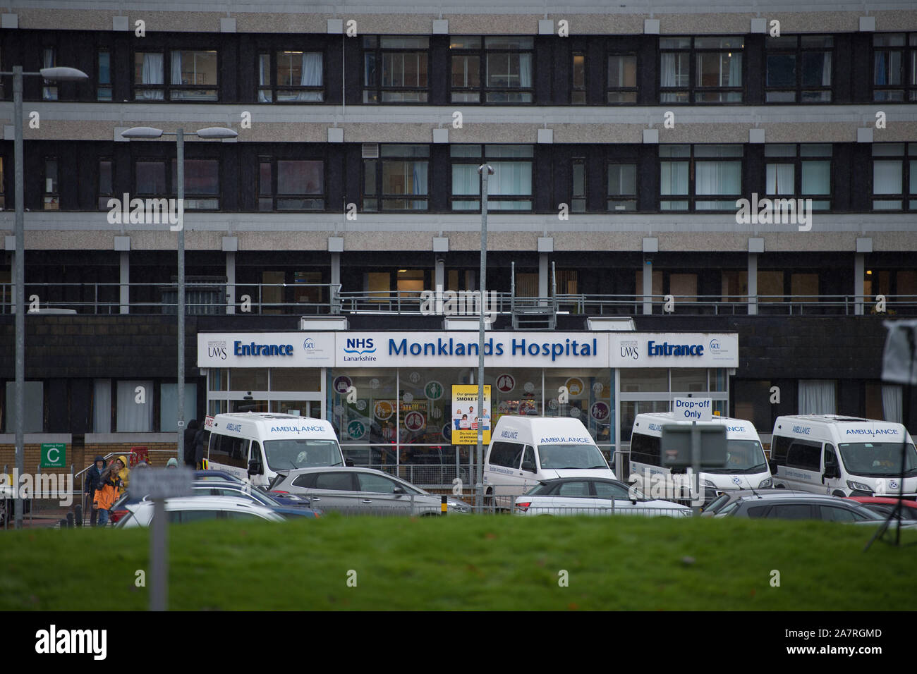 Glasgow, UK. 4 November 2019. Pictured: Monklands Hospital, Airdrie. Scottish Labour leader Richard Leonard joins Helen McFarlane, candidate for the Airdrie and Shotts constituency, at Monklands Hospital to highlight the SNP’s broken promises on the NHS. Credit: Colin Fisher/Alamy Live News Stock Photo