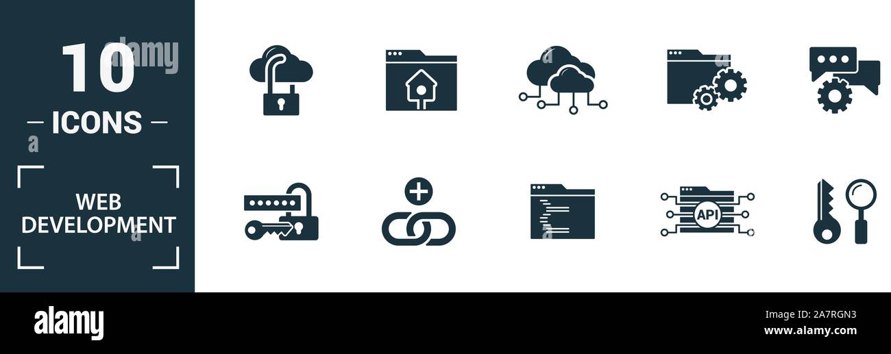 Web Development icon set. Include creative elements key search, seo, cloud storage, cloud management, network connection icons. Can be used for report Stock Vector