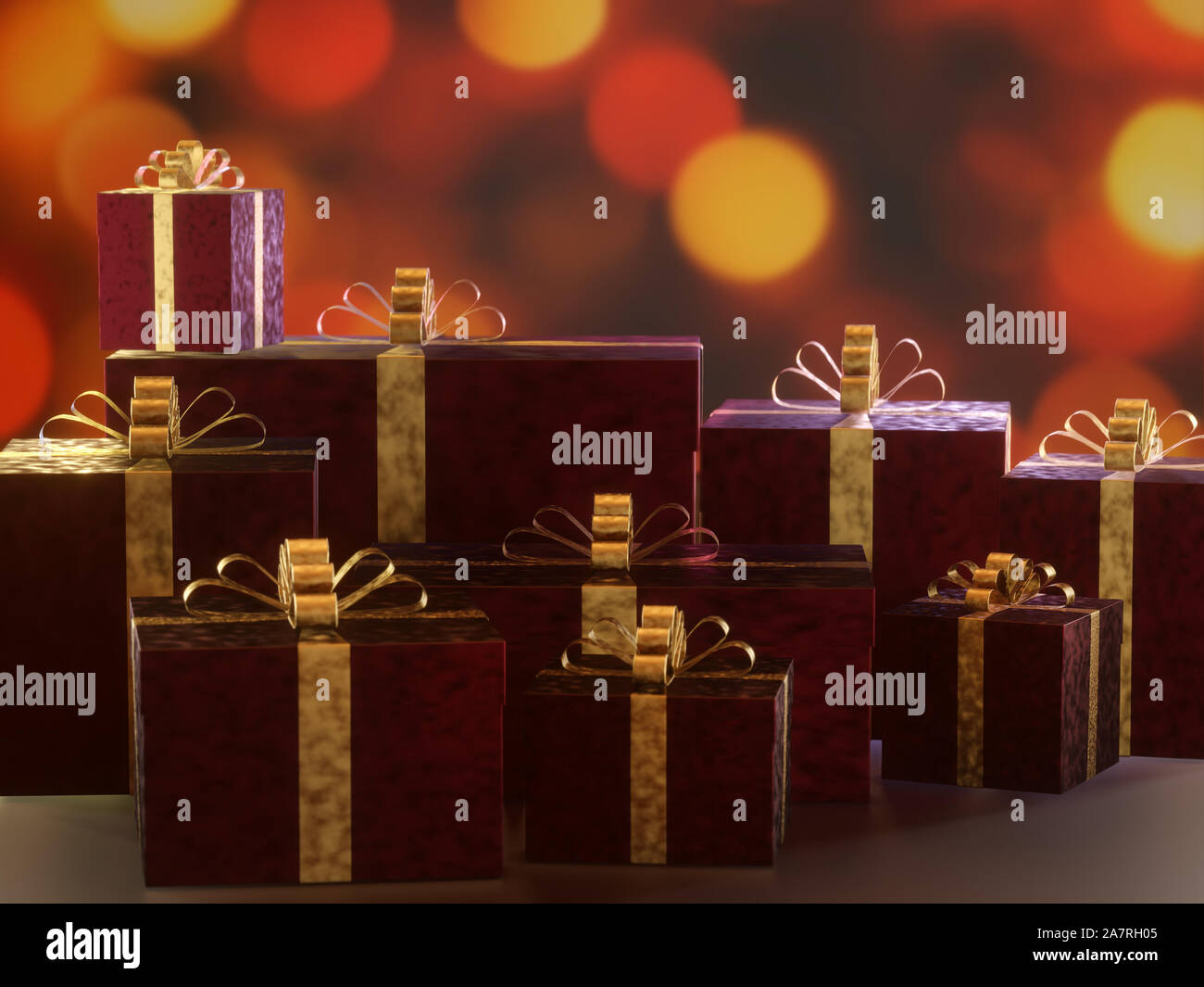 Bunch of elegant christmas present boxes over xmas lights bokeh background Stock Photo