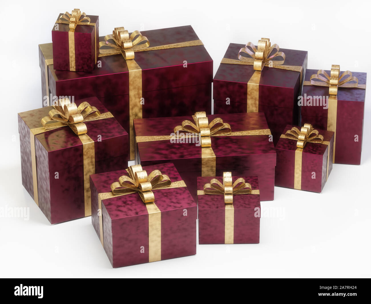 Bunch of elegant christmas present boxes on white background Stock Photo