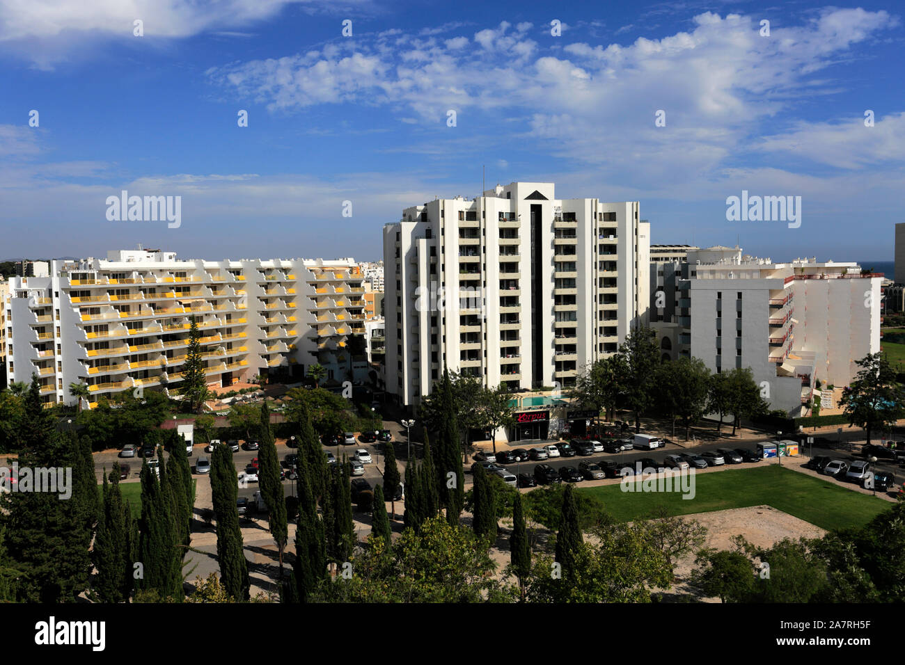 View of Hotels in Vilamoura town, Algarve, Southern Portugal, Europe Stock Photo