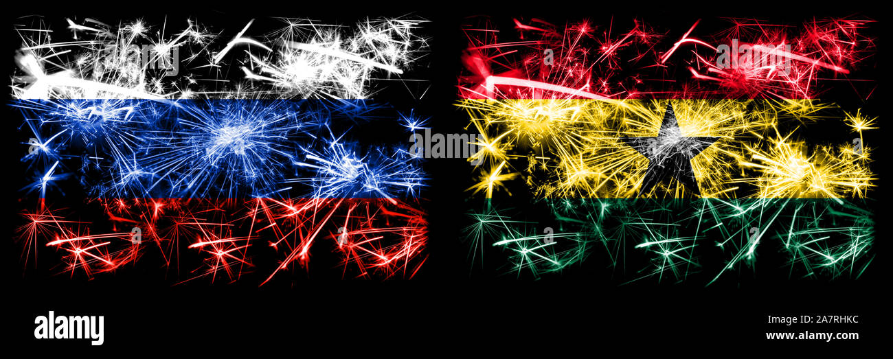 Russia, Russian vs Ghana, Ghanaian New Year celebration sparkling fireworks flags concept