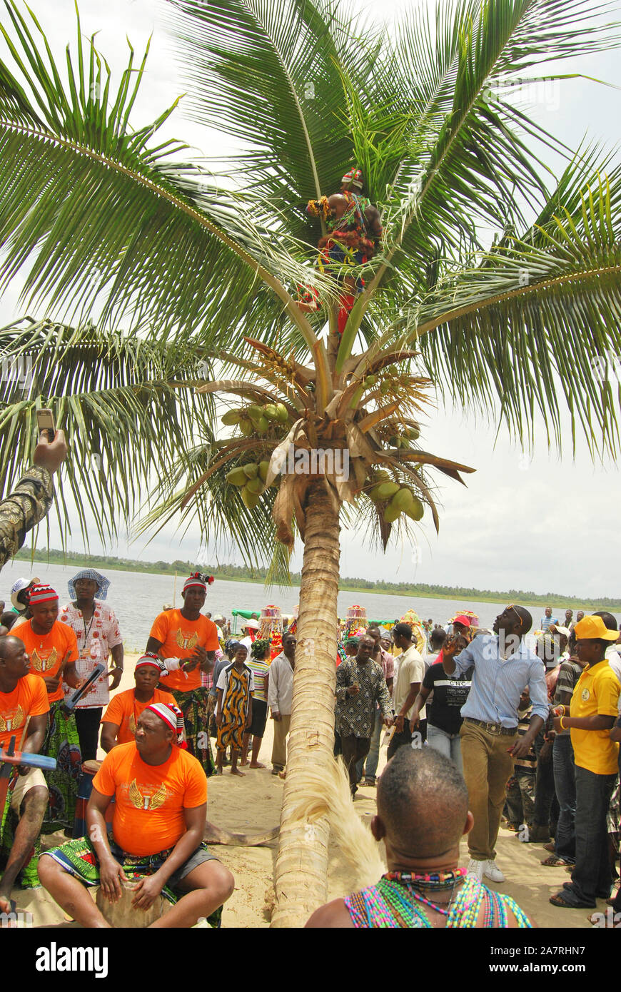A young man dancing on top of a coconut tree during the Annual Black Heritage Festival, Badagry Lagos, Nigeria. Stock Photo