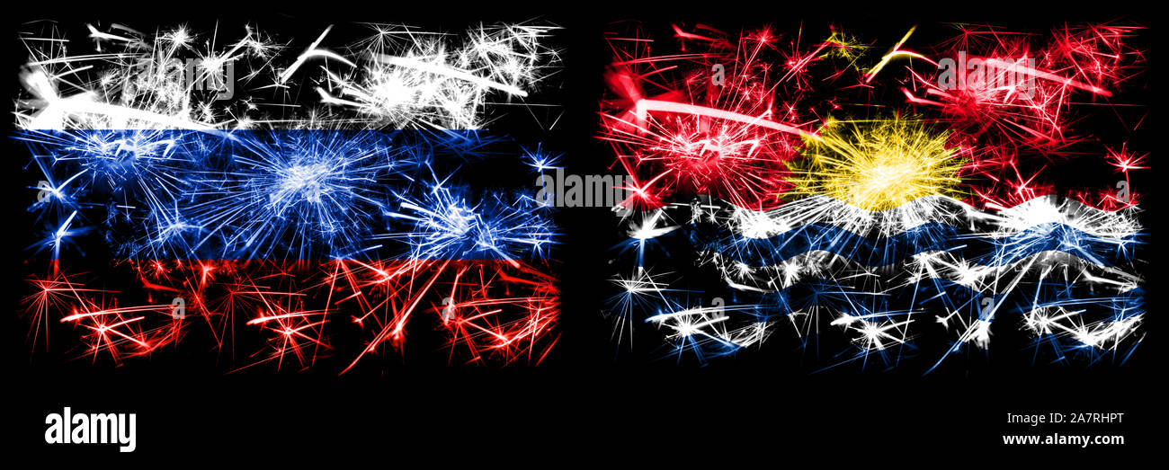 Russia, Russian vs Kiribati New Year celebration sparkling fireworks flags concept background. Combination of two states flags. Stock Photo