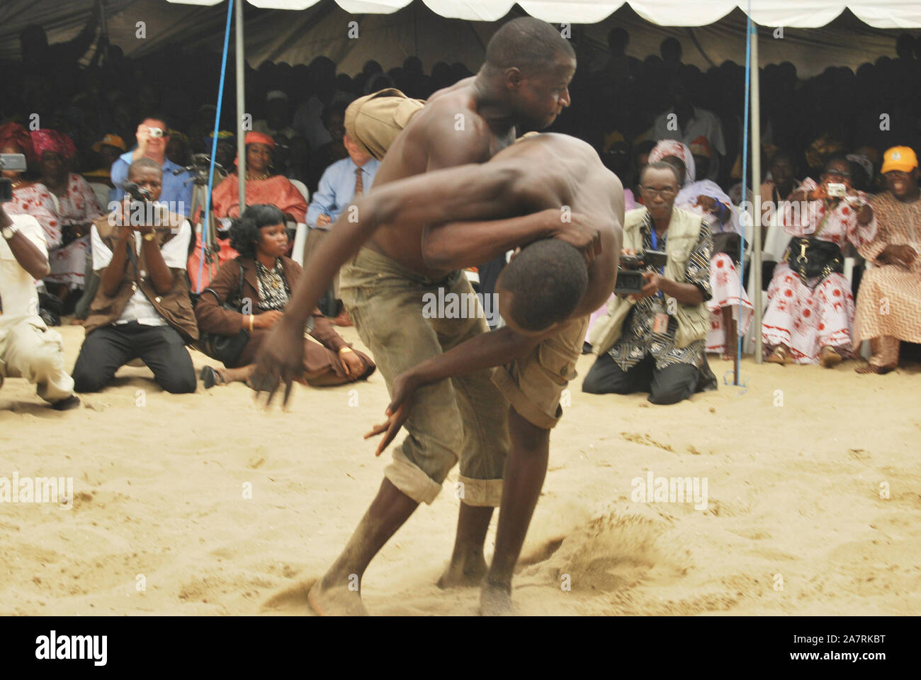 Local Wrestlers showcasing their youthful energy during the Annual Black Heritage Festival, Badagry Lagos, Nigeria. Stock Photo