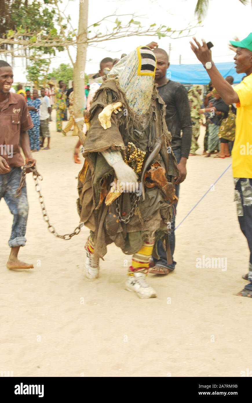A Masquerade arriving at the venue of the Annual Black Heritage Festival, Badagry Lagos, Nigeria. Stock Photo