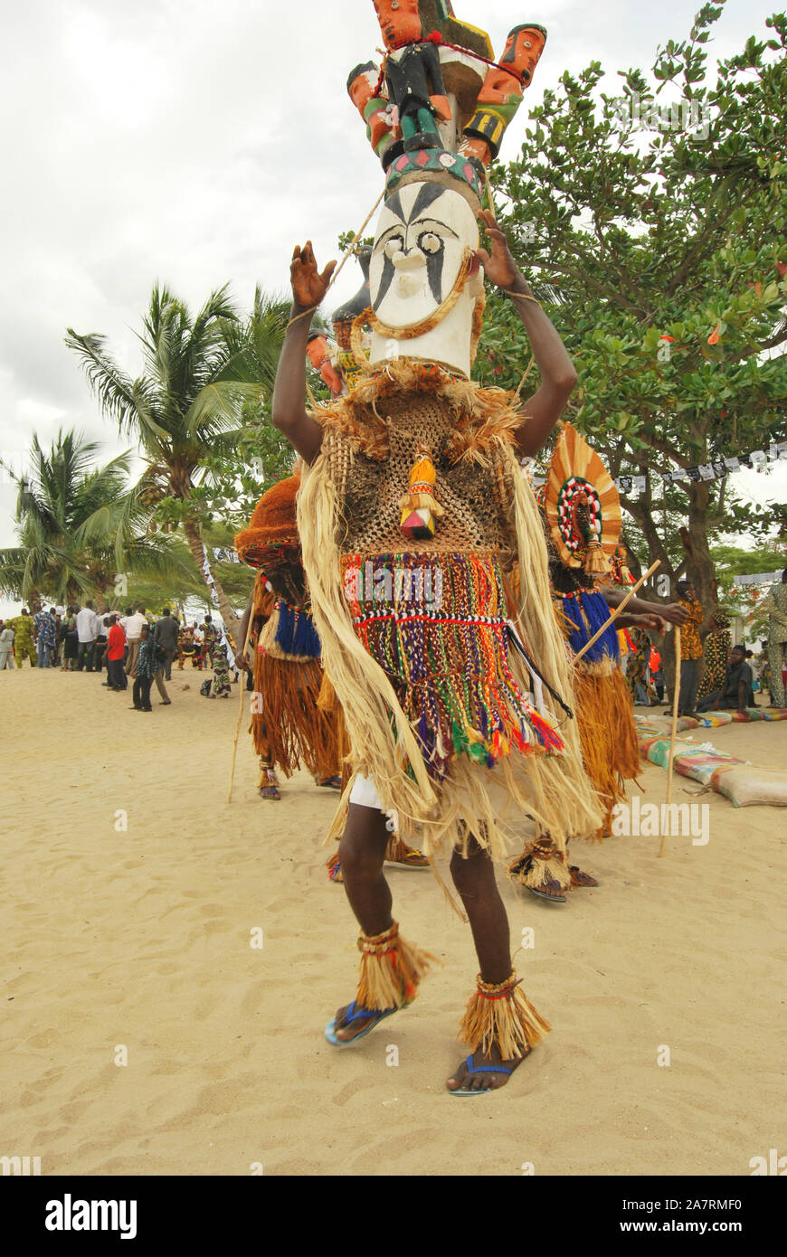 Men Garbage in Masquerade Costume dancing to the beat of the spirit during the annual Lagos Black Heritage Festival in Badagry  Beach Lagos. Stock Photo