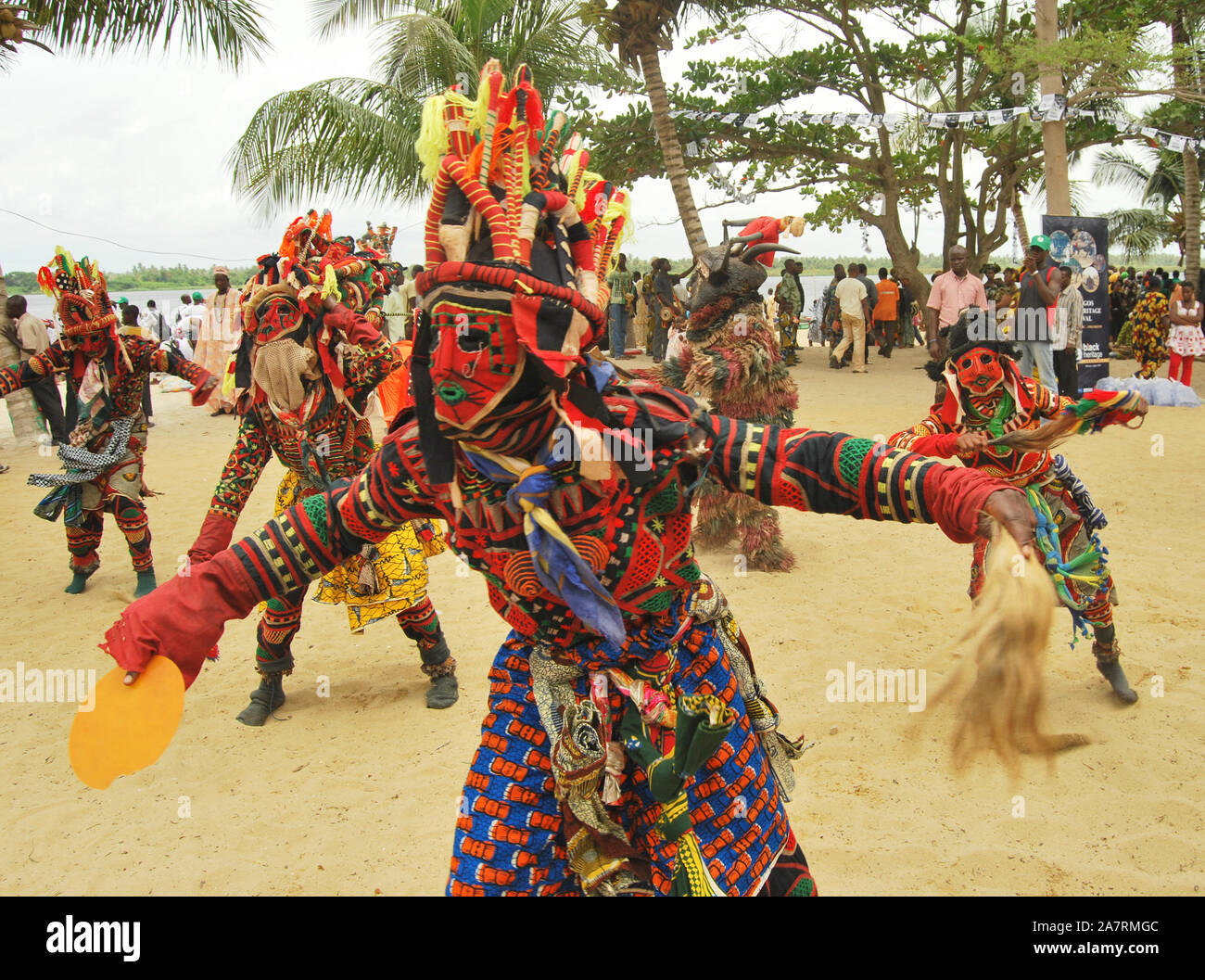 African Masquerades dancing at the Annual Black Heritage Festival, Badagry Lagos, Nigeria. Stock Photo