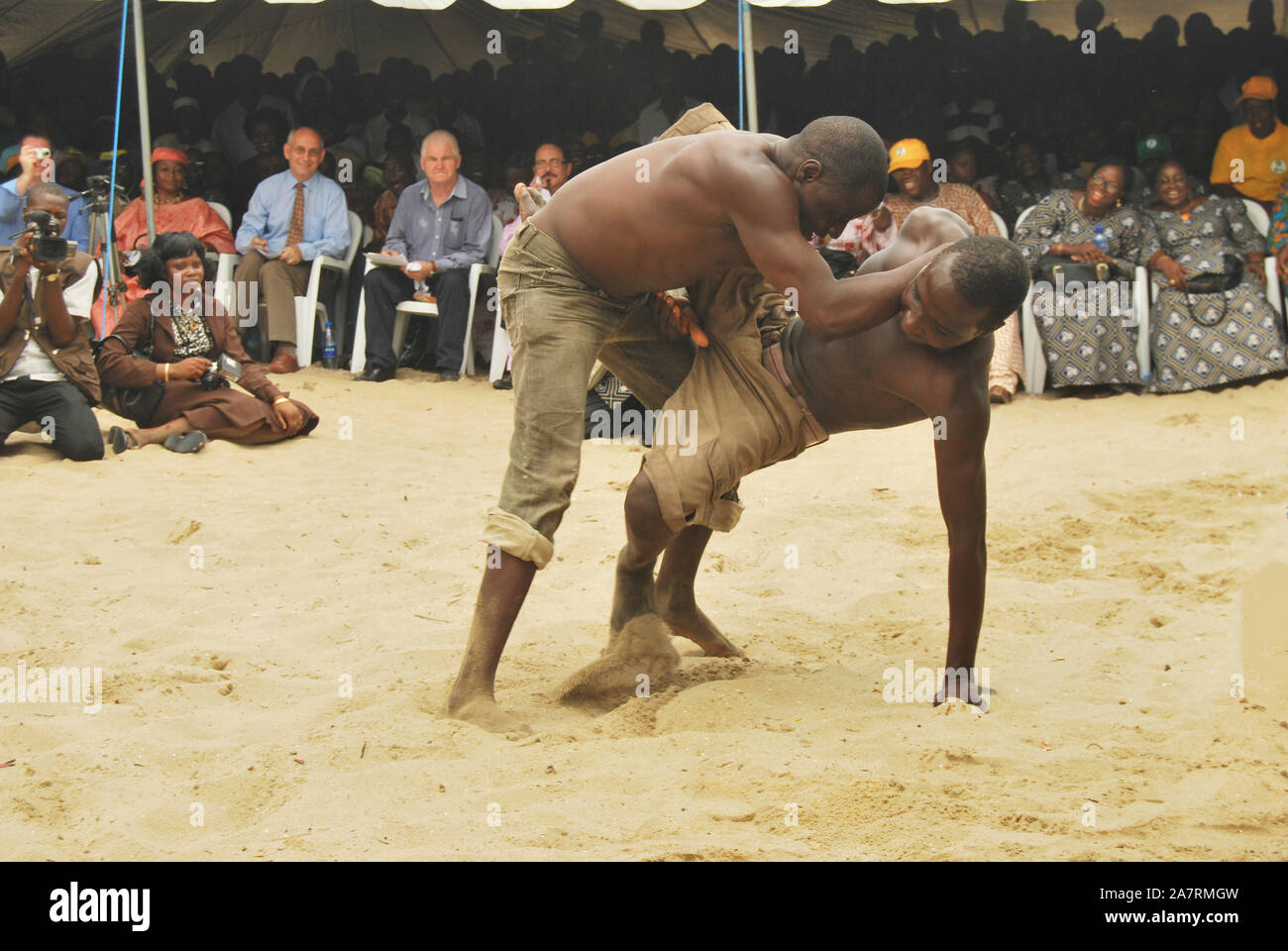 Loca Wrestlers showcasing their youthful energy during the Annual Black Heritage Festival, Badagry Lagos, Nigeria. Stock Photo