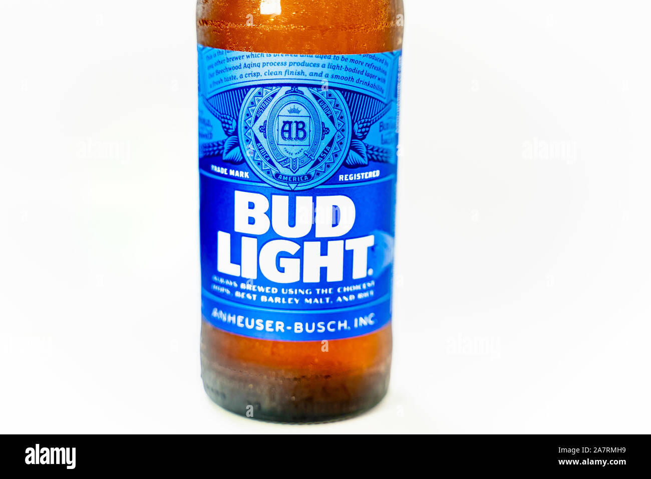 Marinette,WI/U.S.A.-Aug1,2019: Single bottle of Bud Light. Bud Light is ...