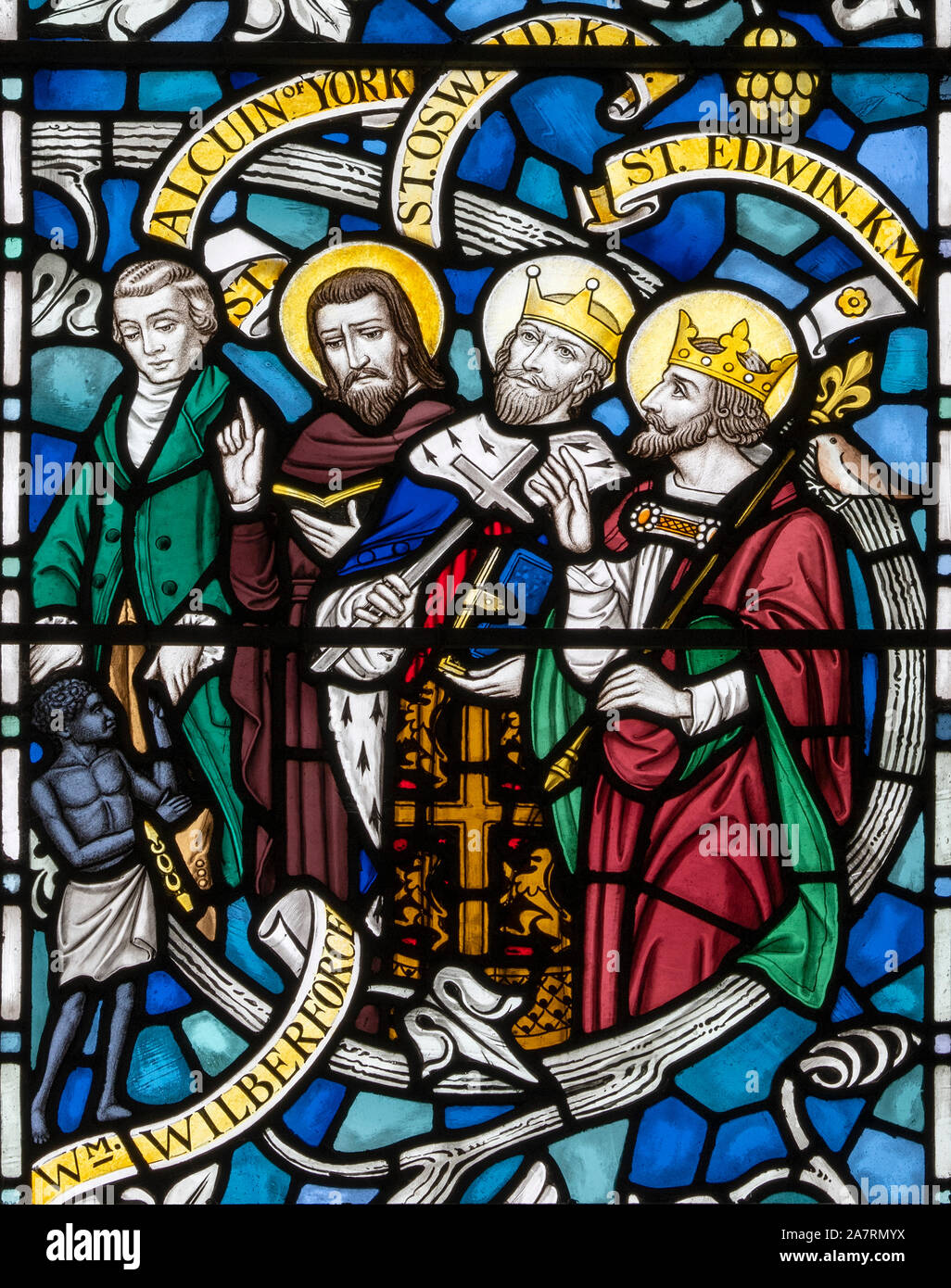 William Willberforce (MP) celebrated beside a medieval Christian theologian and two Kings of Northumbria, All Saints Church, Rudston, North Yorks. UK. Stock Photo