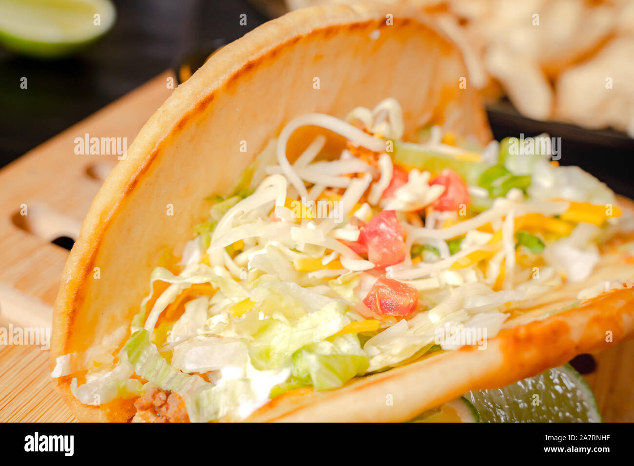 Homemade Baja Fish Tacos with Mango Salsa and Chips. Mixed mexican food ...