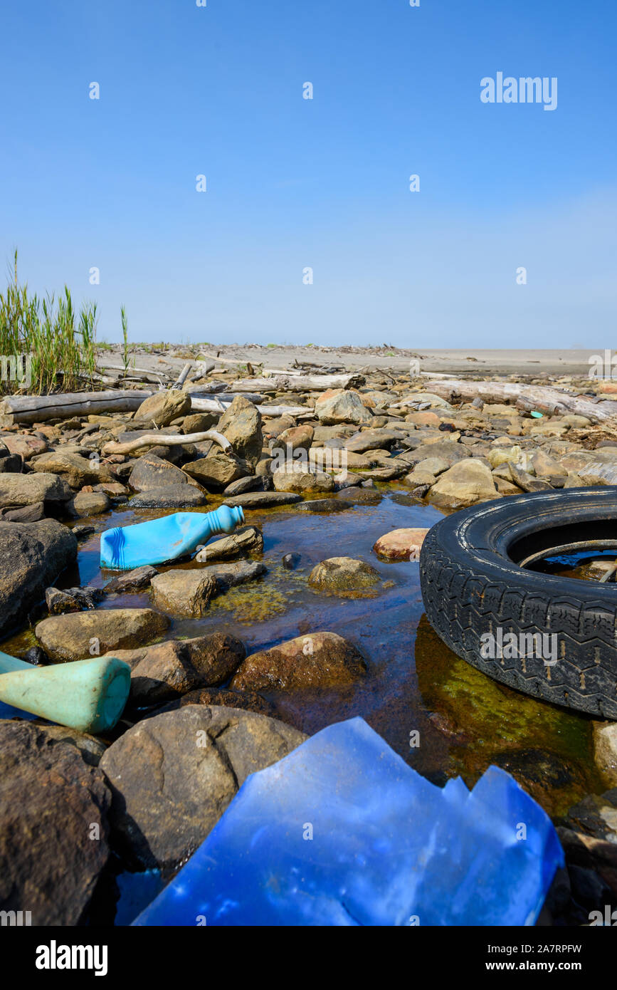 Car tire and plastic bottles in muddy puddle on beach. Ocean plastic