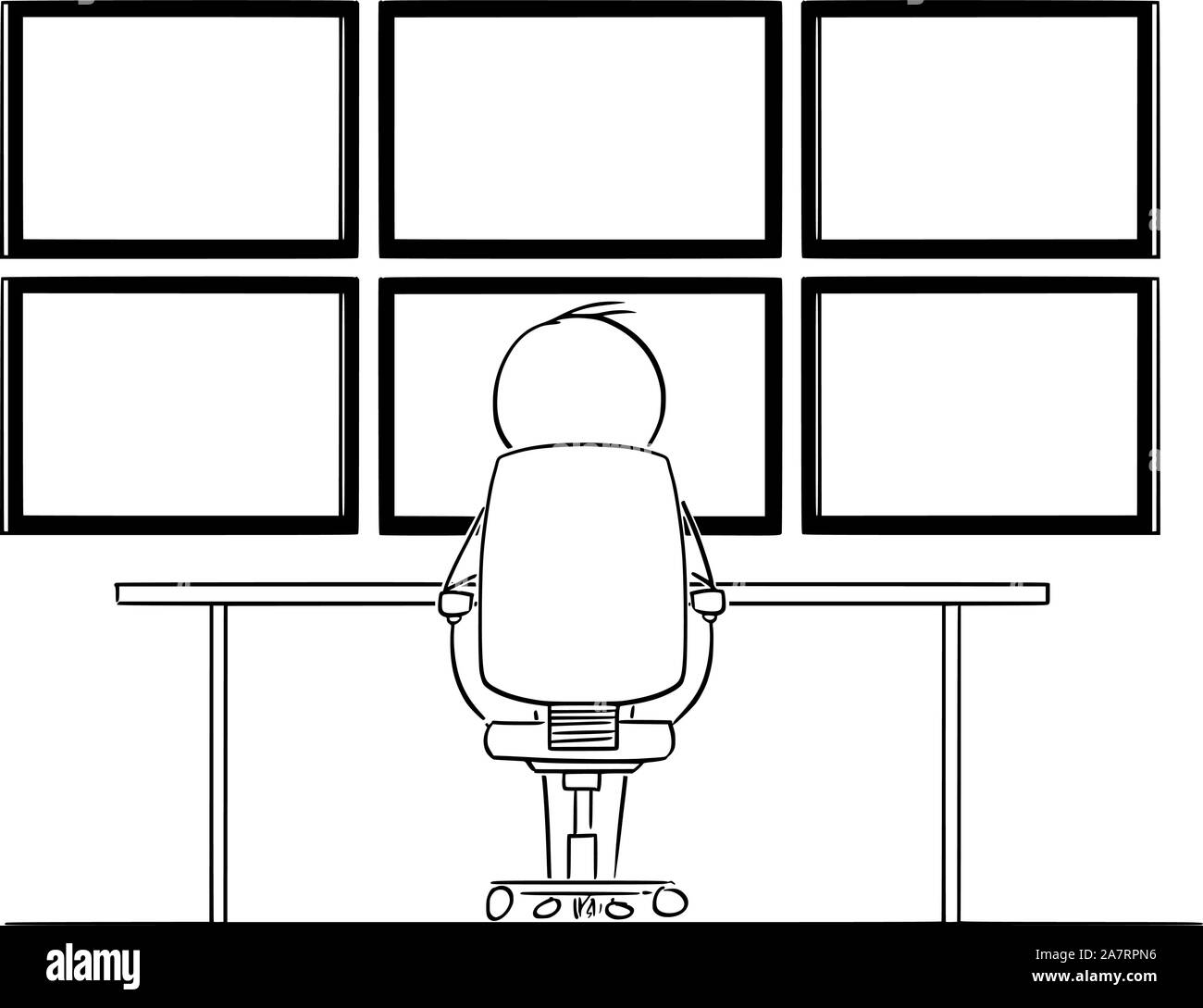 Vector cartoon stick figure drawing conceptual illustration of man, hacker or businessman sitting in front of six computer monitors mounted on wall hacking or analyzing data. Stock Vector