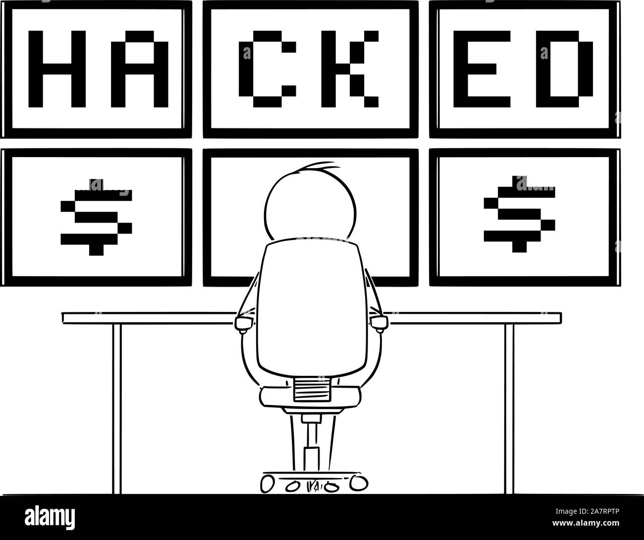 Vector cartoon stick figure drawing conceptual illustration of man or businessman sitting in front of six computer monitors mounted on wall, and watching the hacked text. Concept of digital crime. Stock Vector