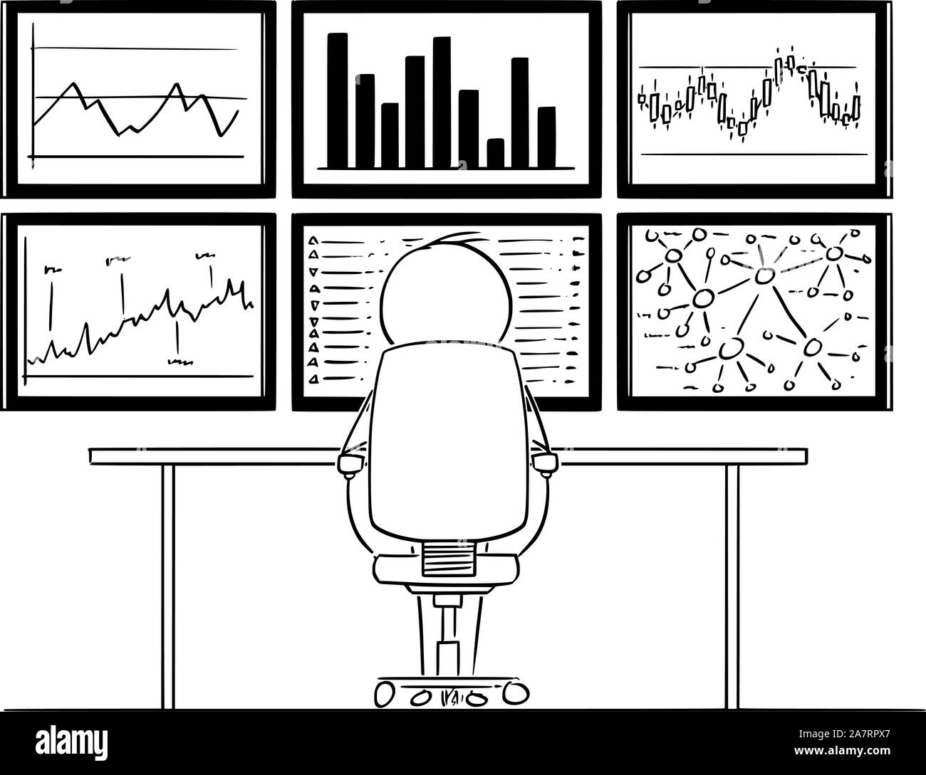 Vector cartoon stick figure drawing conceptual illustration of man or businessman sitting in front of six computer monitors mounted on wall, and analyzing graphs and market data. Stock Vector