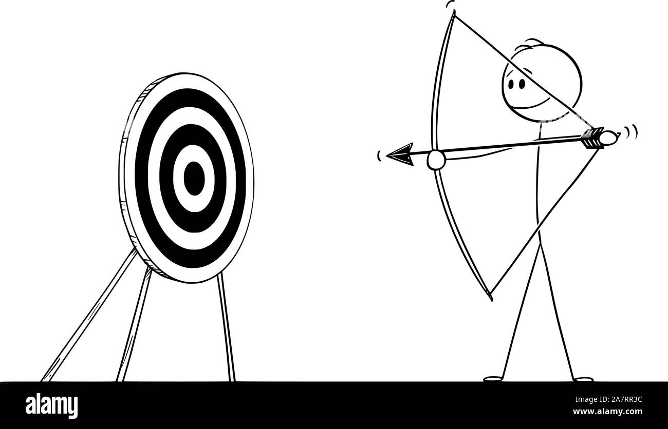 Vector cartoon stick figure drawing conceptual illustration of man or businessman shooting arrow at target with bow. Business concept of pointing at goal or success. Stock Vector