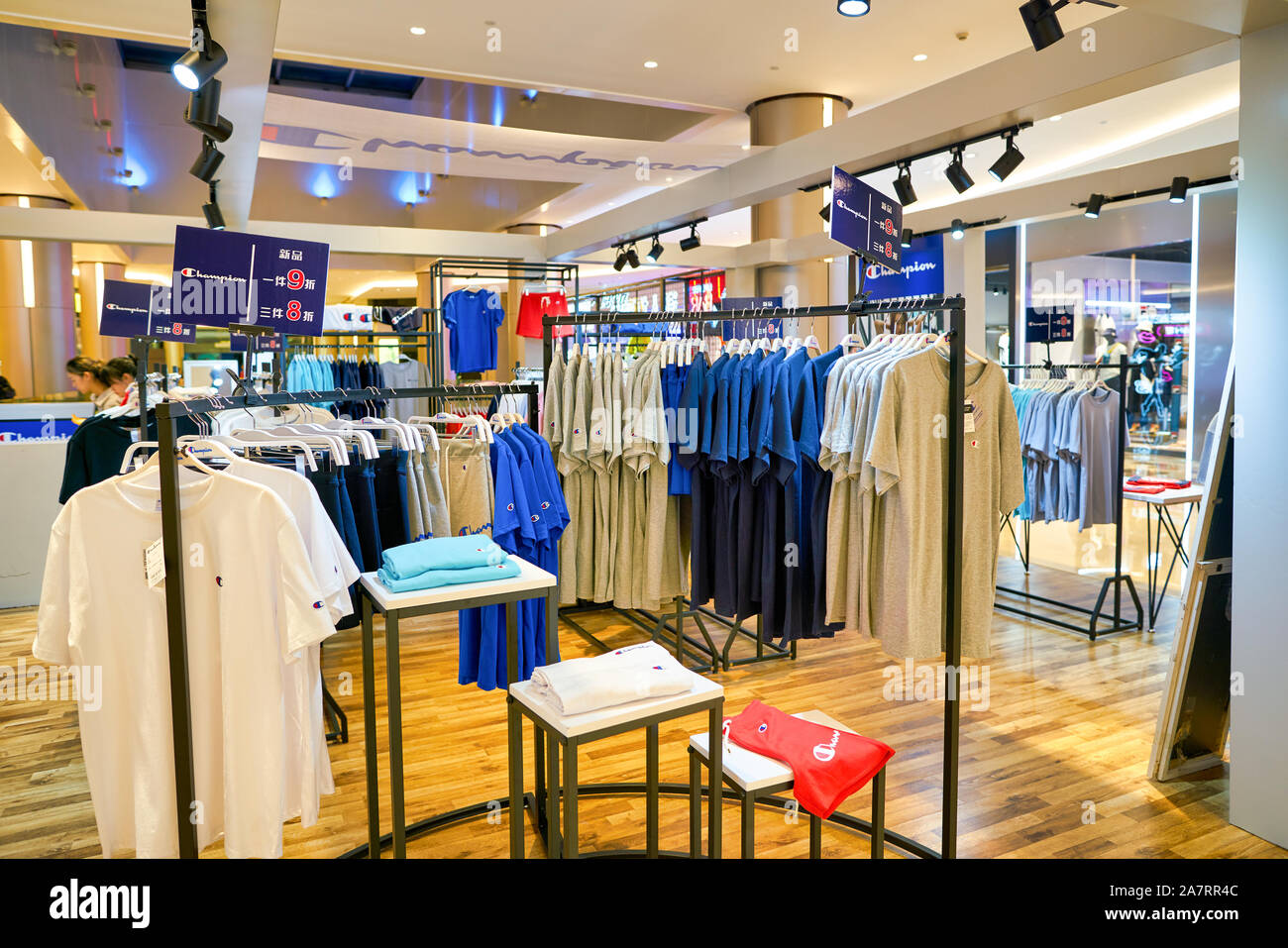 SHENZHEN, CHINA - CIRCA APRIL, 2019: apparel on display at Champion shop shopping mall in Shenzhen. Champion is an American manufacturer clothing Stock Photo - Alamy