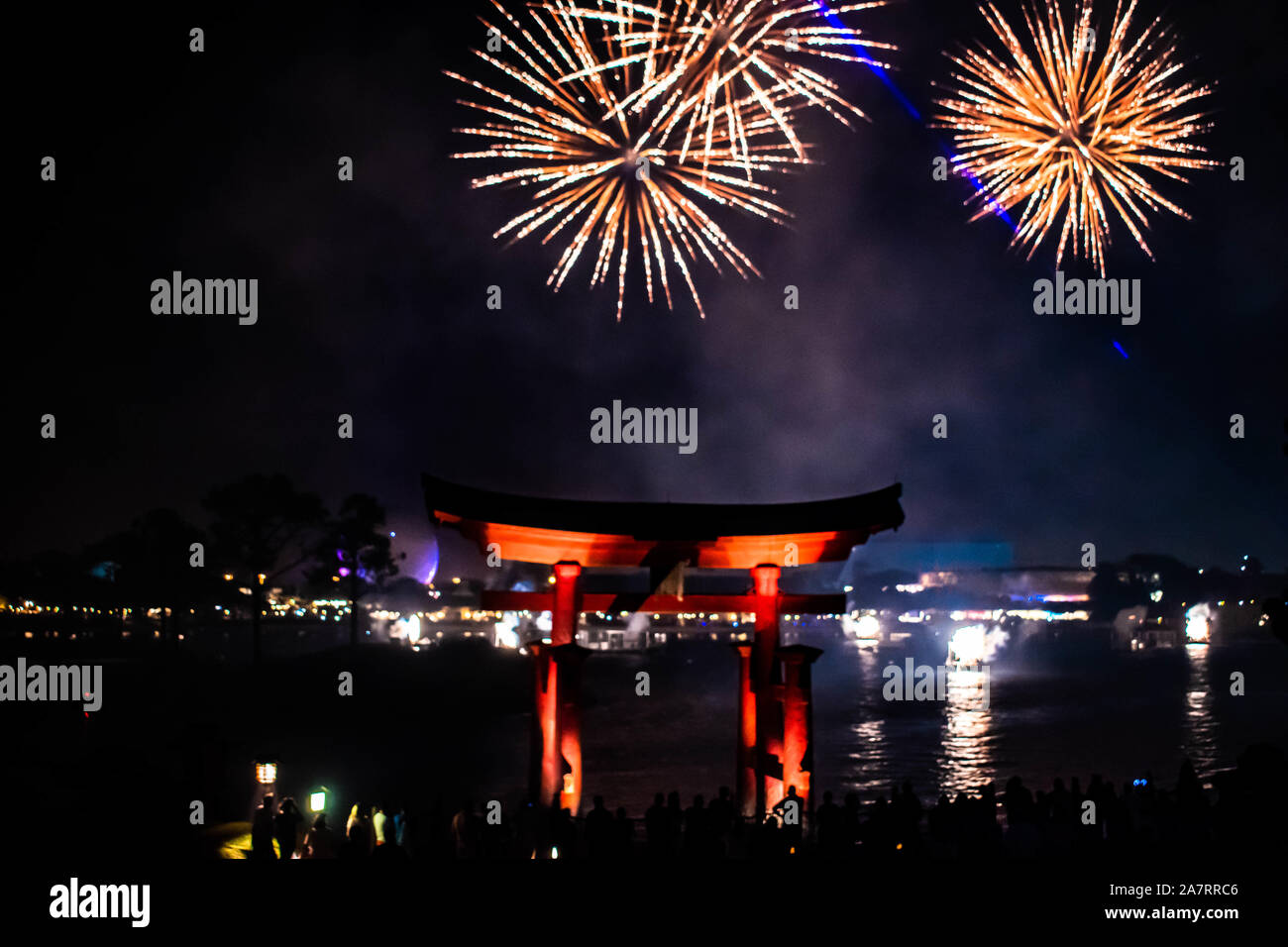 Orlando, Florida. November 01, 2019. Japanese arch and spectacular fireworks at night background in Epcot (87). Stock Photo