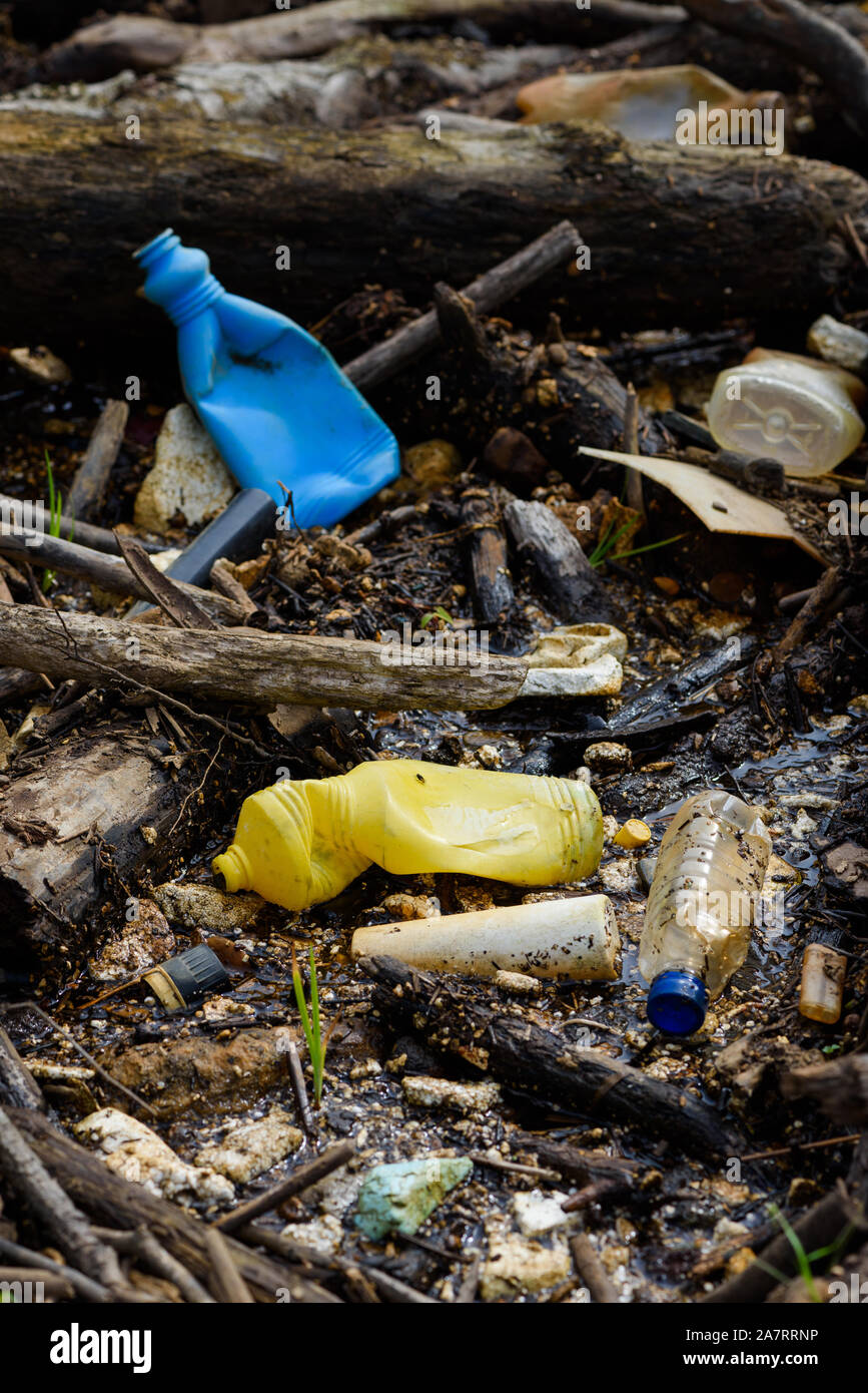 Enviroment pollution with plastics. Global plastic waste problem Stock