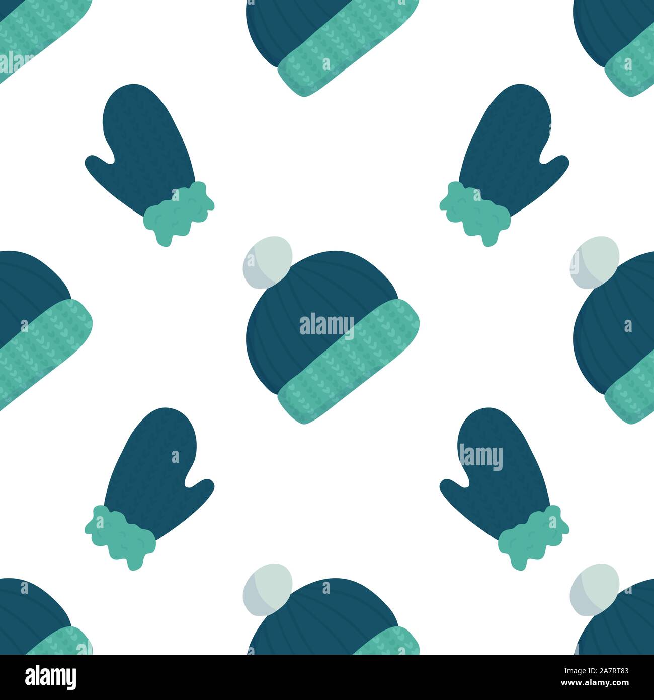 Cartoon pattern with wool winter green hat on white backdrop for wallpaper design, wrapping paper, fabric, textile. Seamless vector background. Stock Vector