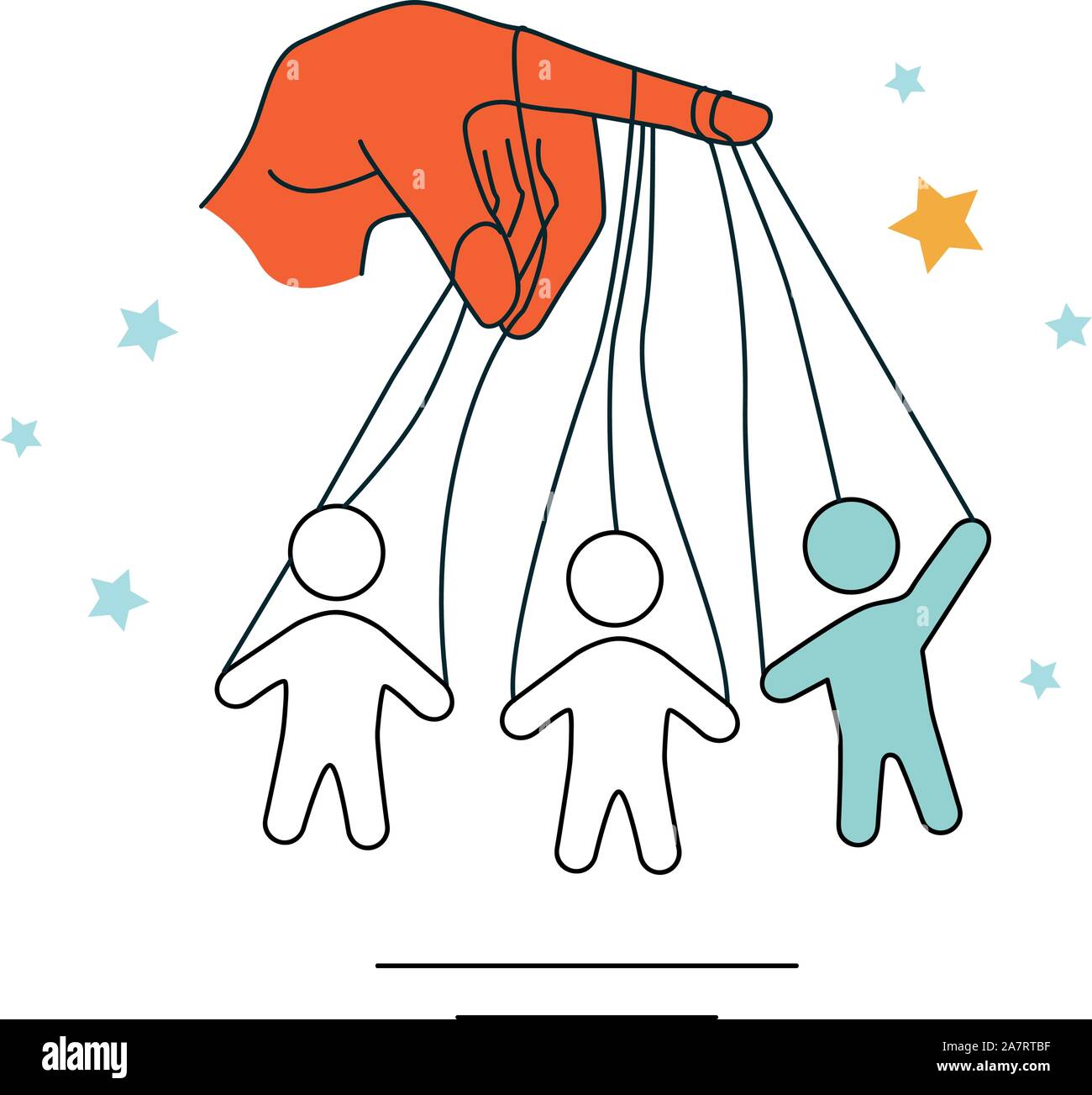 Vector illustration of a hand with figures of dolls on the ropes. Concept of Manipulation, control, management. Election technology, cheating voters. Stock Vector