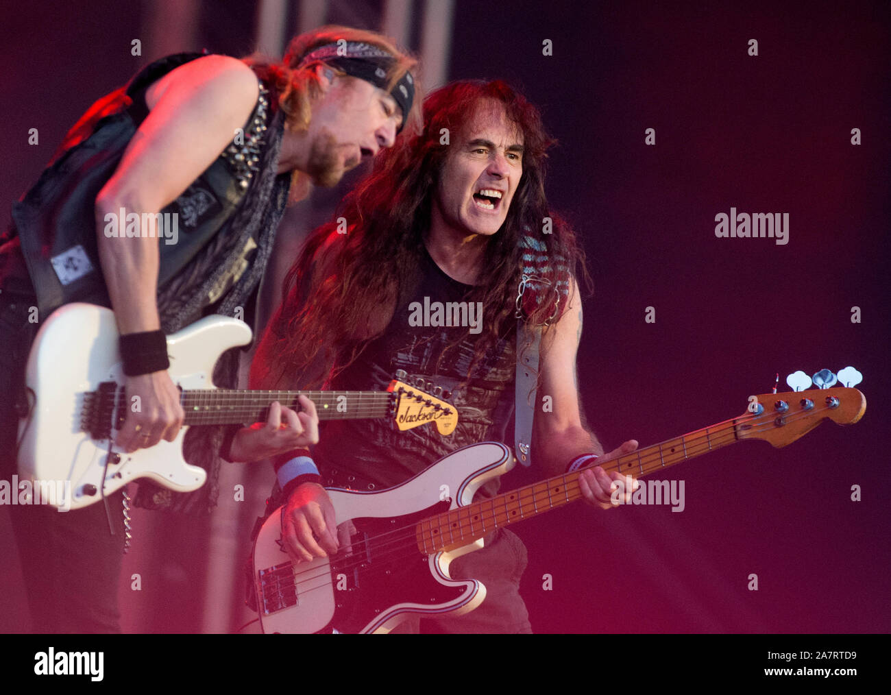 Concert with Iron Maiden. Adrian Smith and Steve Harris on stage.Photo  Jeppe Gustafsson Stock Photo - Alamy