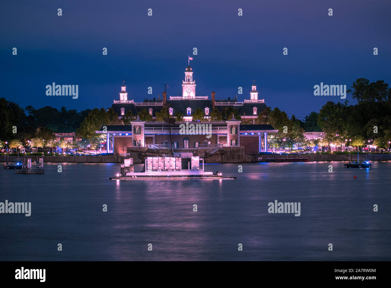 Orlando, Florida. November 01, 2019. The America Adventure Pavillion on blue night background at Epcot (5). Stock Photo
