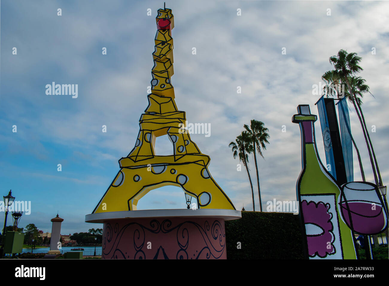 Orlando, Florida. November 01, 2019. Top view of yellow Eiffel Tower in International Food & Wine Festival at Epcot . Stock Photo