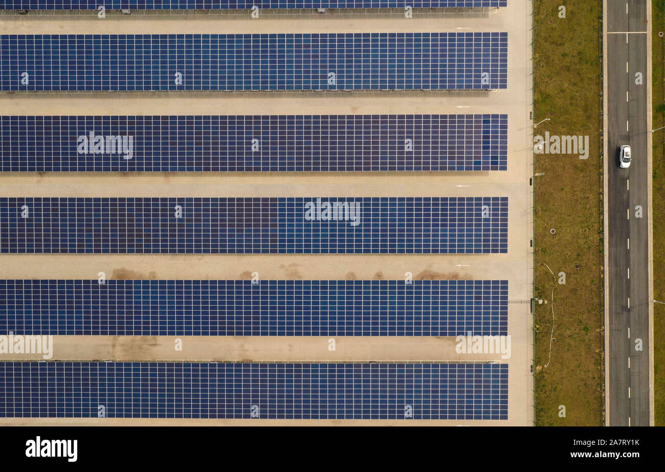 An aerial view of the large carport which is equipped with solar power system designed to provide 4300 kWh daily and over 8 million kWh annually in a Stock Photo