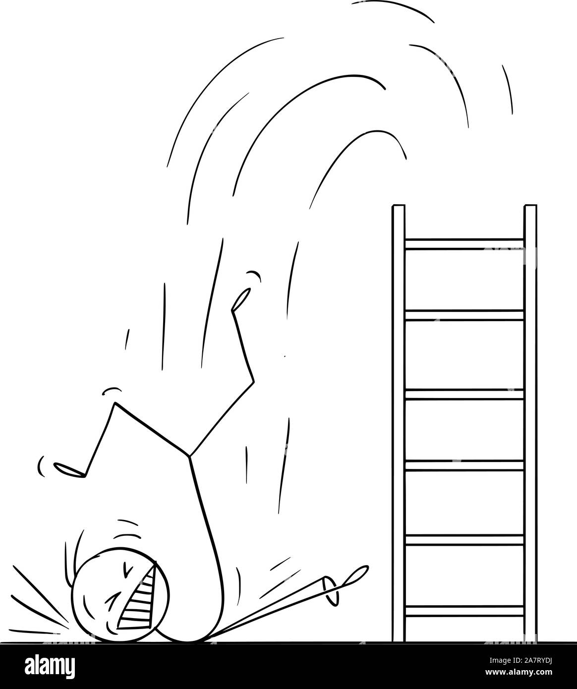 Vector cartoon stick figure drawing conceptual illustration of man or businessman falling hard from ladder. Business or career concept of failure. Stock Vector