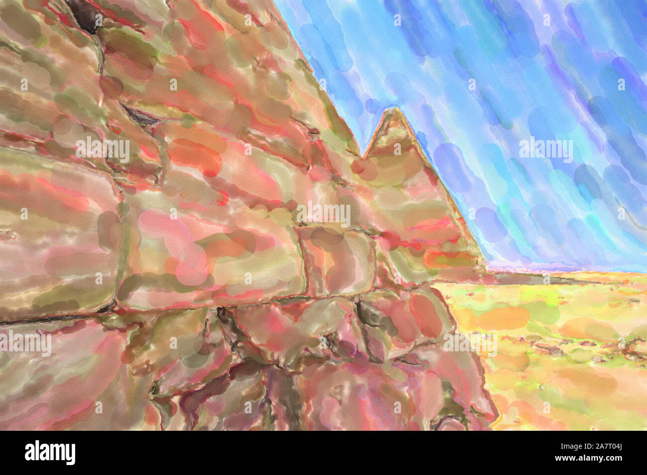 watercolor illustration: Close-up view of a pyramid of the black pharaohs in Sudan with a view of a farther pyramid in the distance, Africa Stock Photo