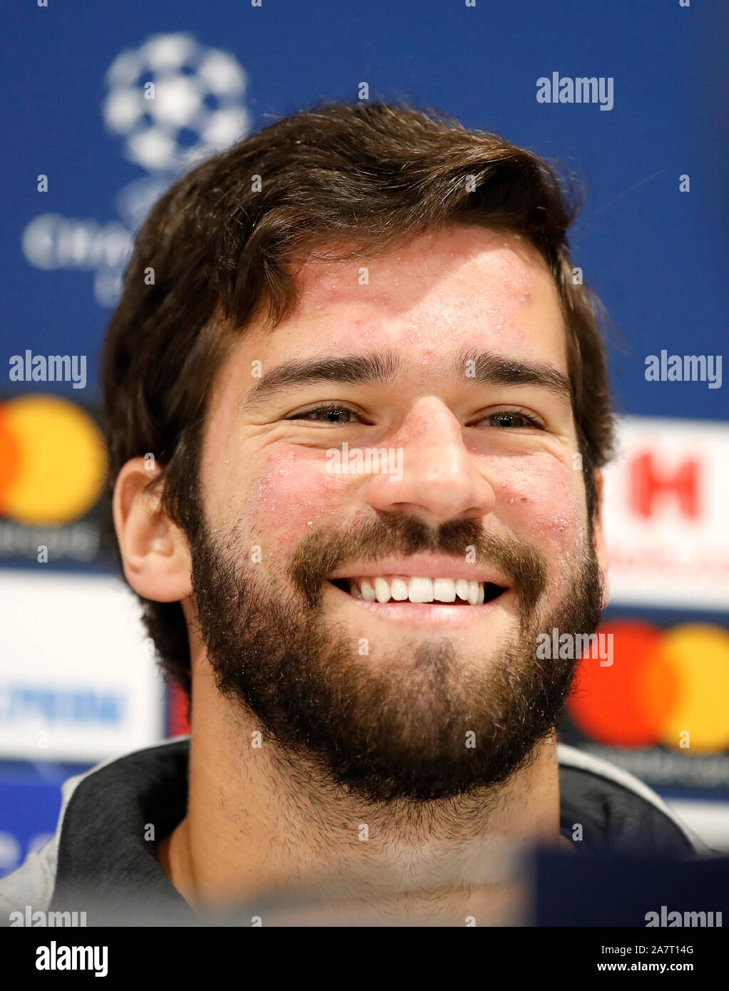Liverpool goalkeeper Alisson during the press conference at Anfield ...