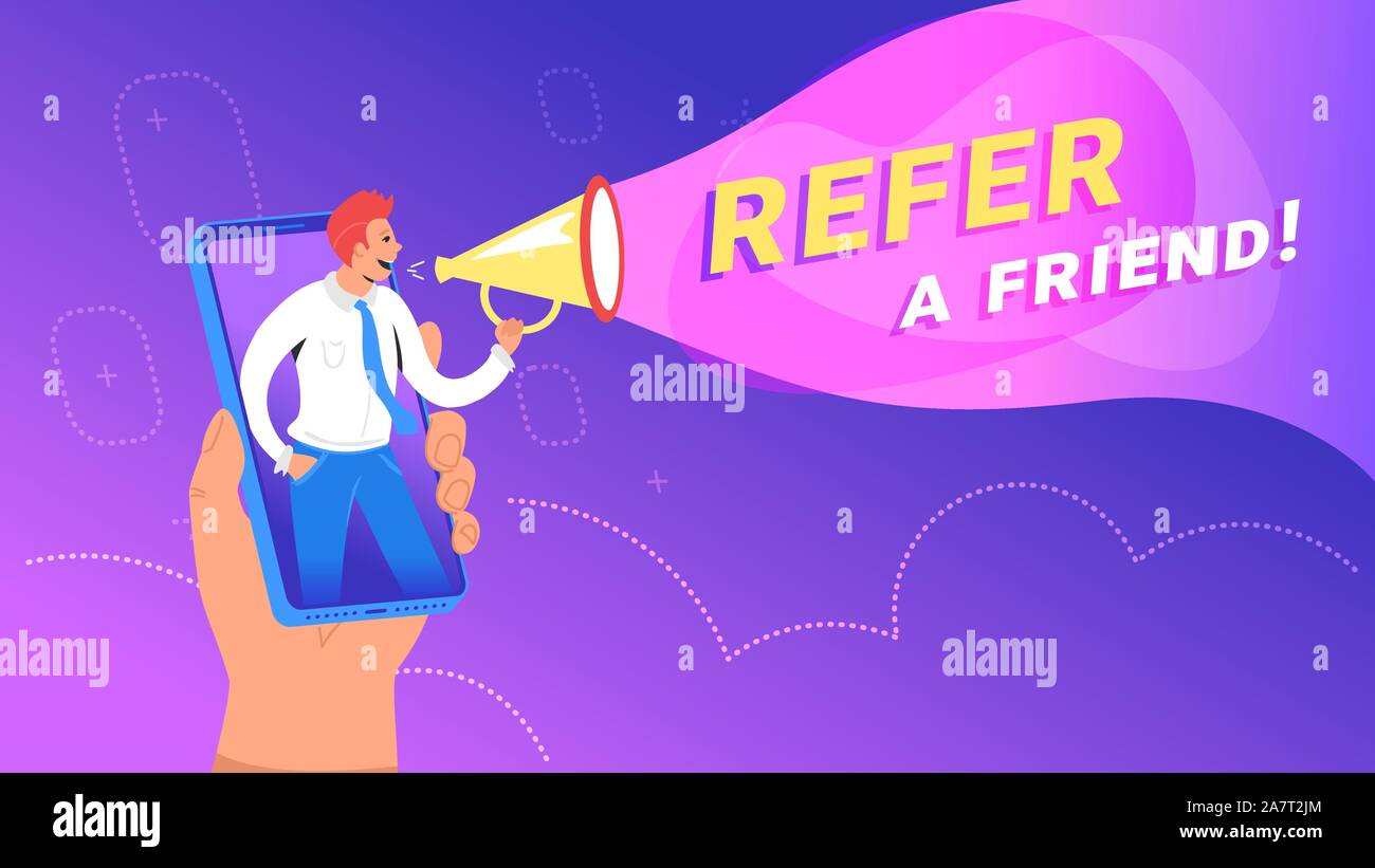 Happy Referring Refer a friend concept vector illustration of happy manager shouting on ...