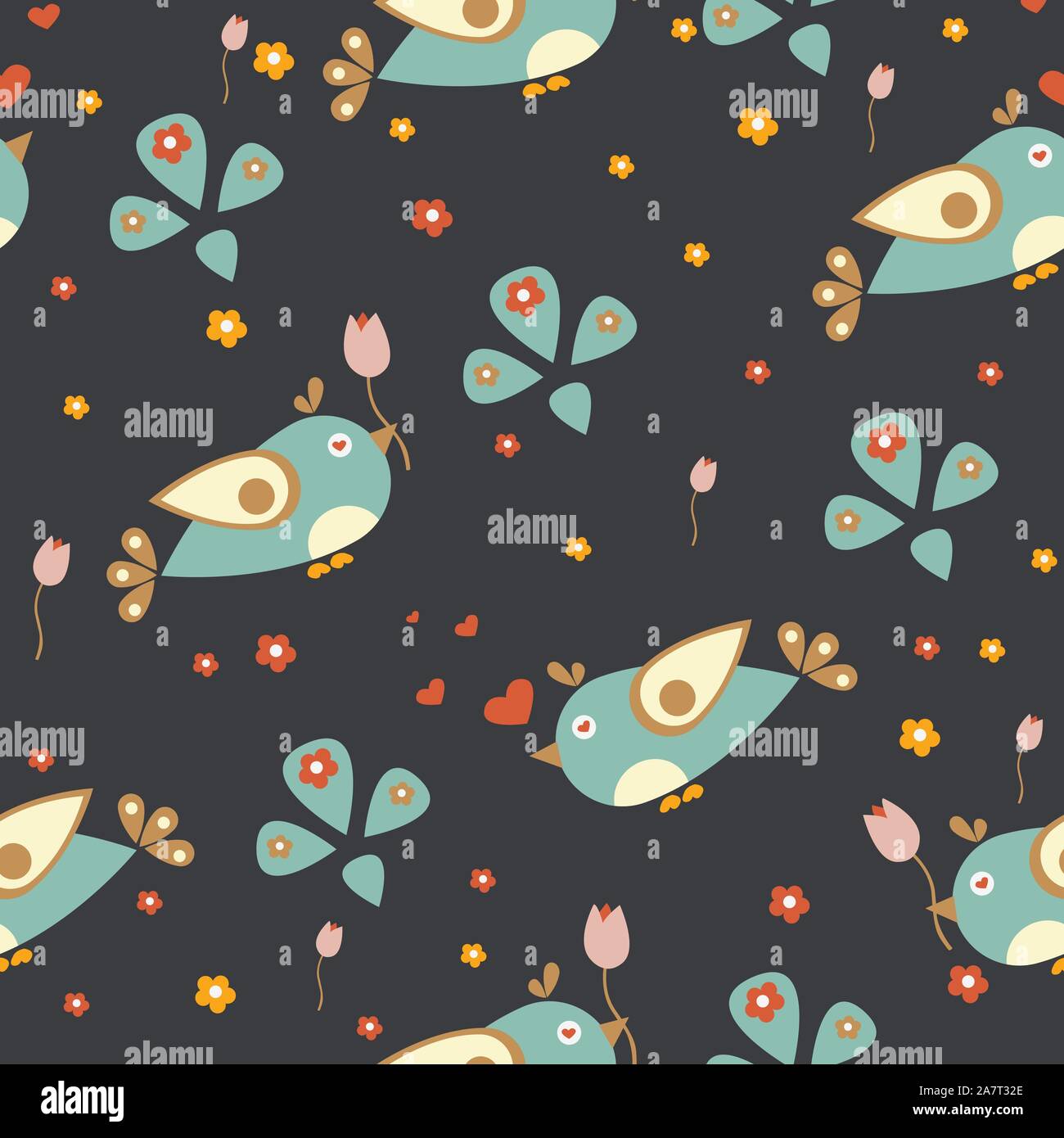 Seamless pattern with funny birds on dark background. Vector ...