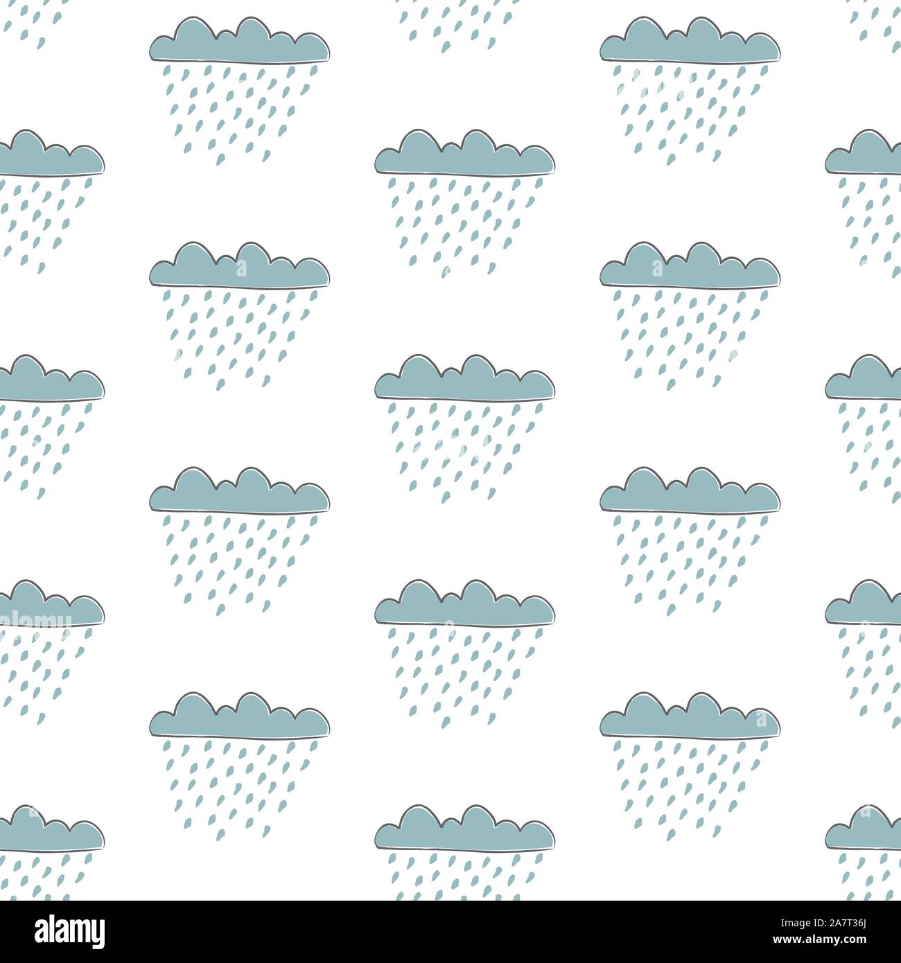 Seamless pattern with cute hand drawn clouds raining on white background. great for swatches, fabric, wall art, wrapping, nappy, etc. Vector Illustrat Stock Vector