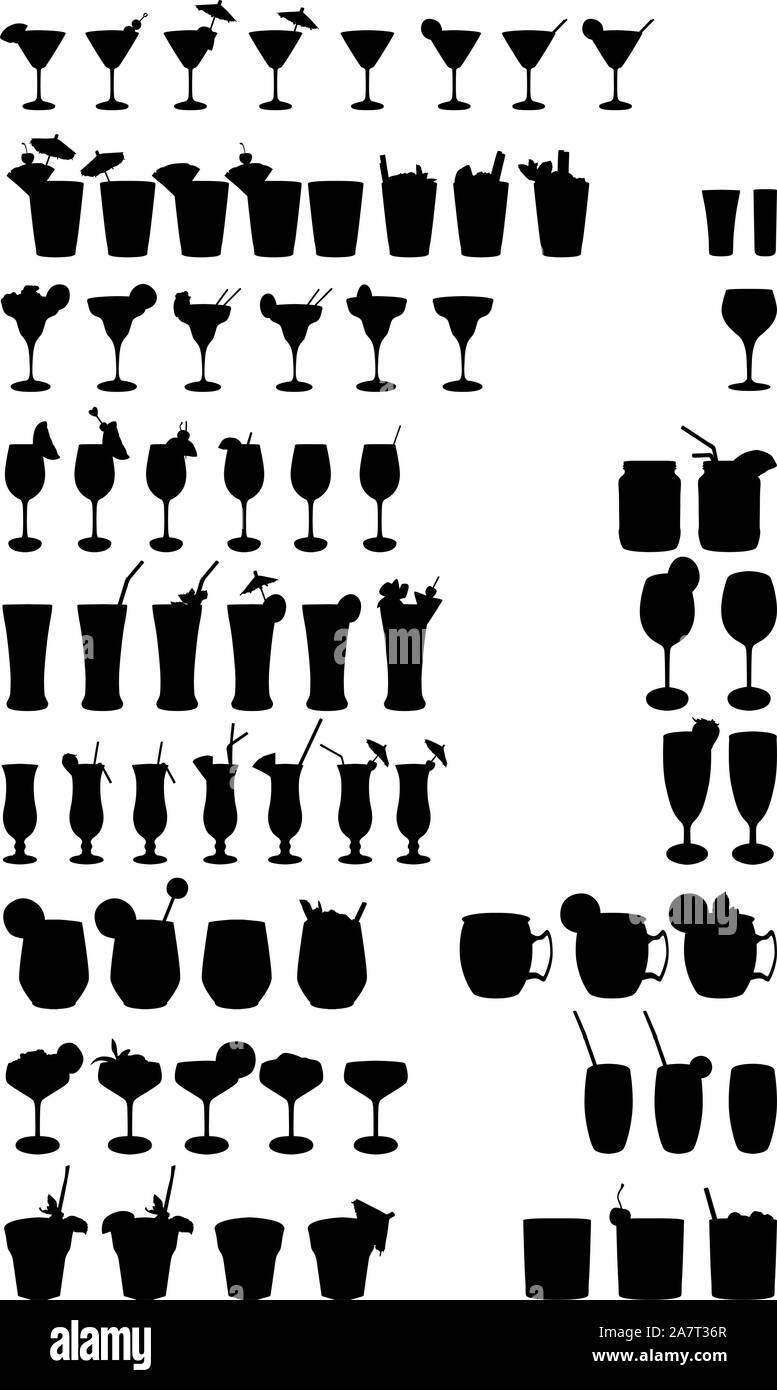 Alcoholic drinks cocktails glasses black vector silhouettes Stock Vector