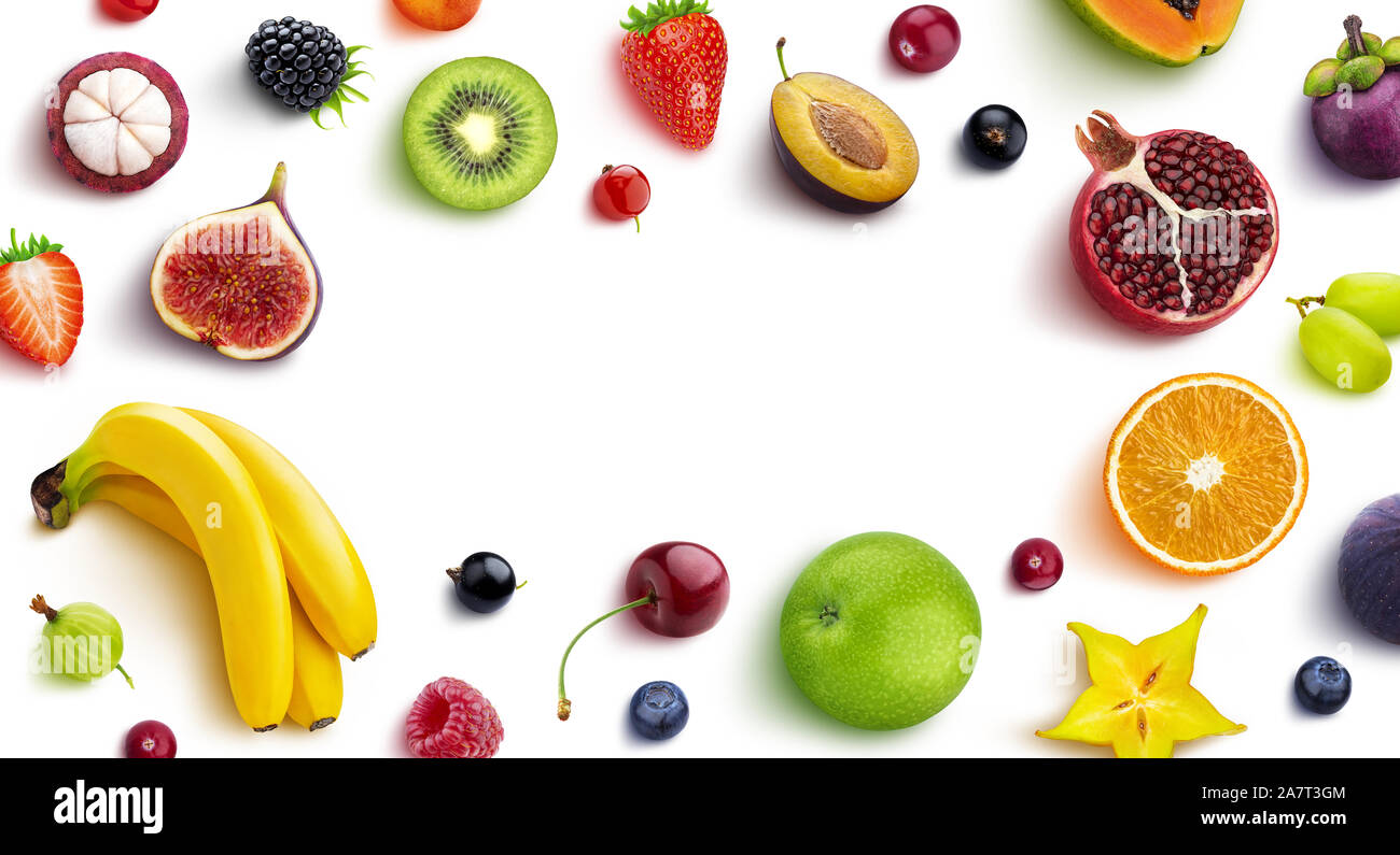 Frame made of different fruits and berries, flat lay, top view Stock Photo