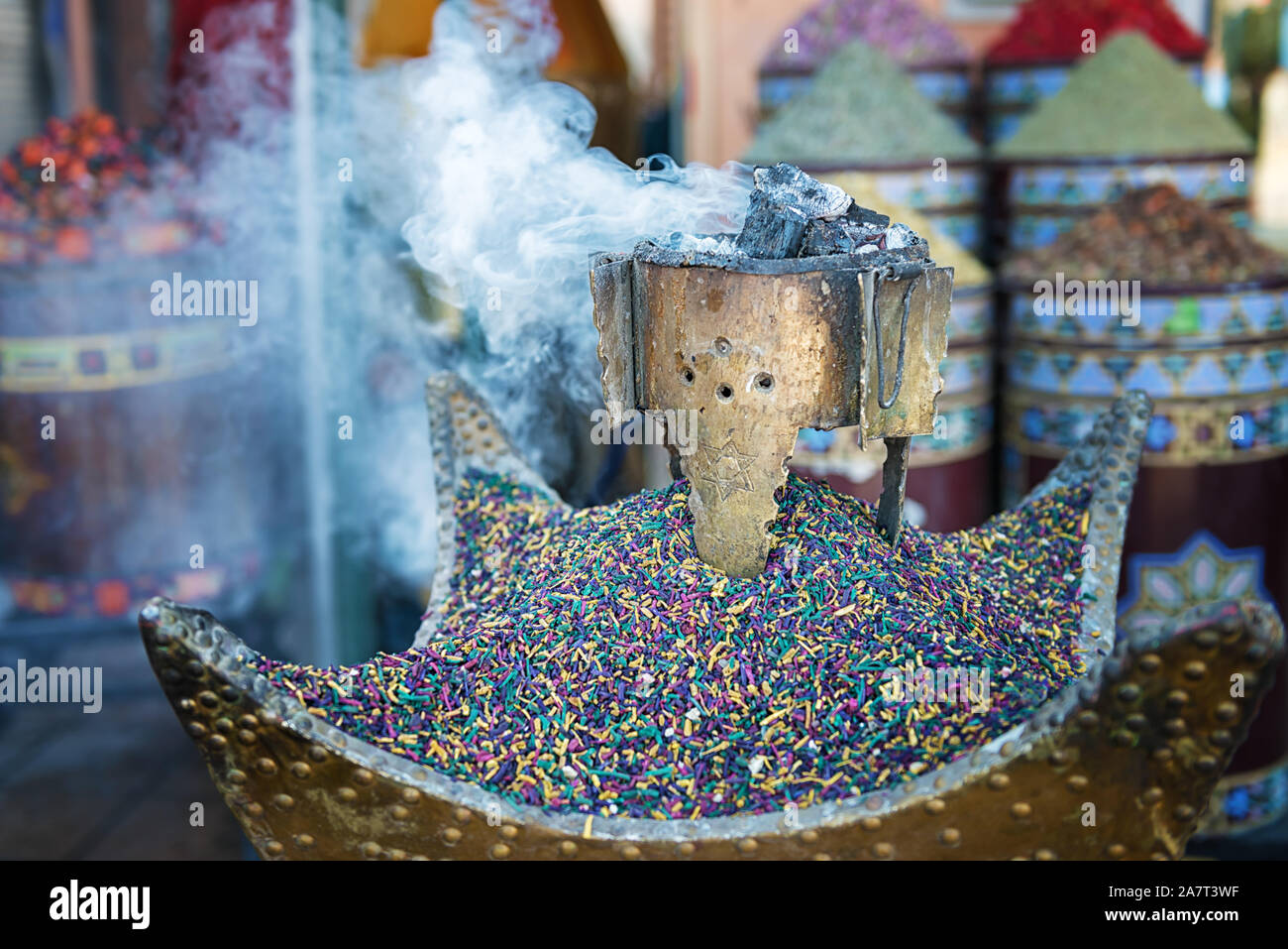 Incense burning on coal in the medina of Marrakech, Morocco. Stock Photo