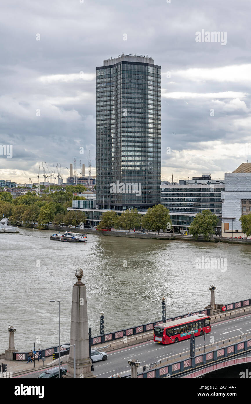 Milbank Tower, built in 1963 by Ronald Ward and Partners. Taken from across the Thames at the tower of the Garden Museum in Lambeth, London Stock Photo